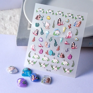 Fairytale Mermaid Ocean Embossed Relief Nail Art Stickers Self Adhesive Manicure Decoration Sweet Cute Style For Women Girls