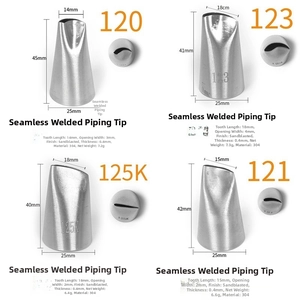 Size chart for 304 stainless steel rose piping nozzles showing models 120, 123, 125K, and 121