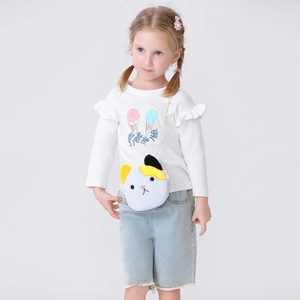 Cute plush animal crossbody shoulder bag for kids in white cat shape with soft texture