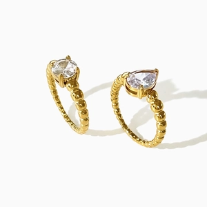 18K gold plated beaded stackable rings with round and pear cut sparkling zircons