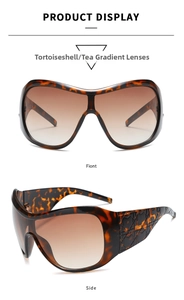 Front and side views of tortoiseshell oversized shield sunglasses with lattice temples