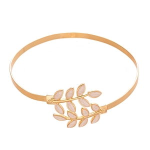 Minimalist gold leaf open arm cuff bracelet with elegant light pink enamel dripping