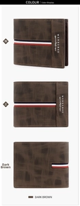 Three-way view of men's brown tri-fold wallet showing texture and stripe detail