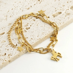 Bracelet Licorne Double Rangée Acier Inoxydable Plaqué Or 18K Pendentif Étoile Bijoux Mode Pour Femmes Ajustable