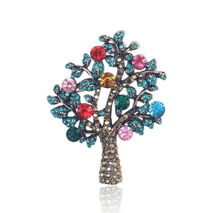 Elegant Tree of Life brooch with multicolor crystals and rhinestones on bronze alloy