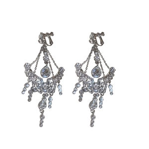 Luxury sparkling rhinestone flower drop tassel earrings with silver needle hooks for women