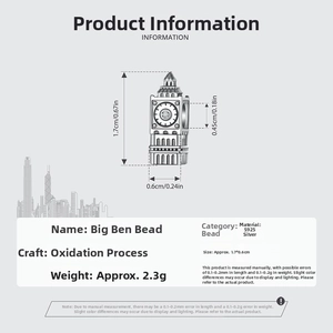 Detailed specs of S925 silver Big Ben charm with oxidized finish and dimensions