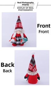 Front and back detail of a plush Christmas gnome featuring a red snowflake knit hat