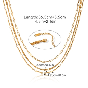 Detailed view of triple-layered gold stainless steel necklace with size dimensions