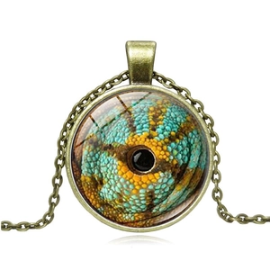 Vintage bronze dragon eye pendant necklace with teal and yellow glass cabochon