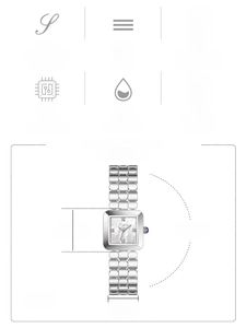 Detailed specs of square silver watch with 24mm mother of pearl dial and quartz movement