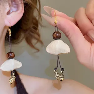 Retro Ethnic Style Long Dangle Earrings With Wood Beads Natural Fruit Pits And Alloy Acorn Charms For Women