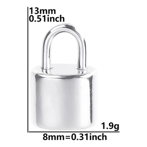 Detailed view of silver stainless steel mini padlock pendant with precise measurements