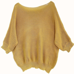 Eleganter senfgelber Strickpullover mit Rundhalsausschnitt und Dreiviertel-Ärmeln