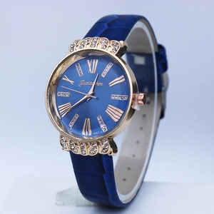 Elegant ladies quartz watch with blue sunray dial and rose gold rhinestone-set case