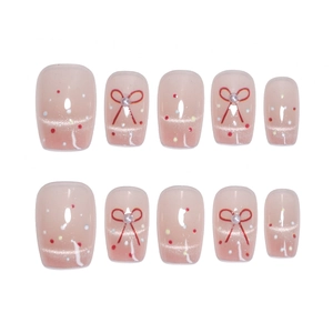 Faux ongles œil de chat roses avec nœud rouge et perles en forme carrée courte