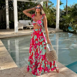 Tropical floral print two-piece vacation set with ruffle crop top and high waist maxi skirt