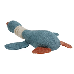 Close-up of durable burlap texture on a blue and orange duck-shaped plush pet dog toy