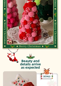 Macro detail of colorful plush pom-pom Christmas tree with festive ornaments and lace