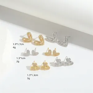 Three pairs of elegant heart and clover stud earrings with gold and silver zircon inlay
