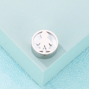 Silver stainless steel round charm with white shell inlay boy girl cutout for DIY jewelry