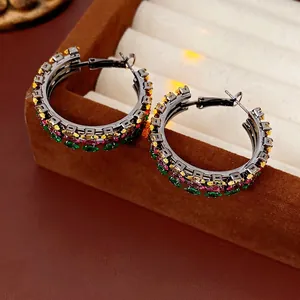 Multicolor Zirconia Hoop Earrings Vintage Luxury Triple Row Vertical Stones Copper With Silver Earring Post For Women