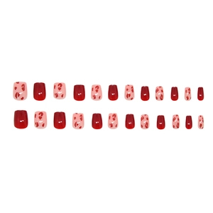 Glossy red and leopard print press-on nails in short squoval shape, 24 piece set