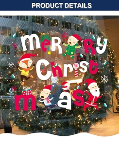 Detail of Christmas window stickers featuring Santa, reindeer and Merry Christmas text