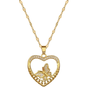 Elegant gold butterfly heart pendant necklace with shimmering zircon stones for women