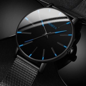 Minimalist Geneva quartz watch with black mesh strap and blue markers on dark texture