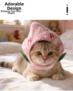Close-up of pink strawberry plush pet hat with green leaf detail on a cute cat