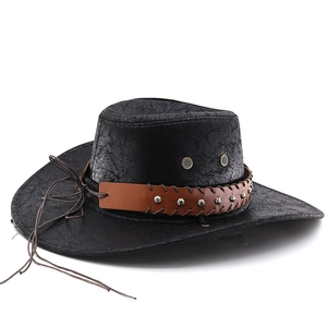 Detailed view of black cracked texture cowboy hat with brown riveted leather band
