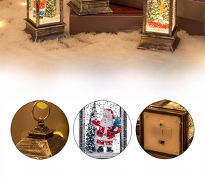 Detail of Christmas lantern with Santa Claus figurine and sparkling snow effect
