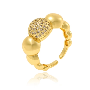 Luxurious gold open ring with sparkling crystal pave ball and smooth metallic beads