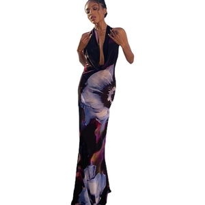 Elegant black halter neck maxi dress with large blue-purple floral prints and deep V-neck