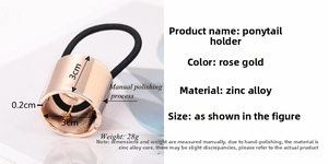 Detailed view of rose gold alloy ponytail cuff with elastic band and dimension markings