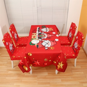 Rote Weihnachts-Tischdecke und Stuhlbezüge-Set mit Weihnachtsmann-Zwerg und HOHOHO-Print