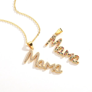 Gold-plated Mama necklace with colorful zircon pavé pendant for Mother's Day gift