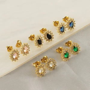 Sun Flower Oval Zircon Stud Earrings 18K Gold Plated Stainless Steel Vintage Halo Retro Jewelry For Women