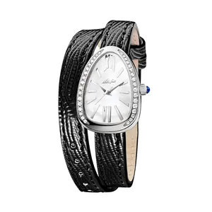 Vintage snake-shaped wrap watch with crystal-set teardrop dial and black leather strap