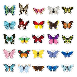 Detailed 5x5 grid of 25 colorful waterproof butterfly stickers for water bottles and laptops