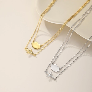 Minimalist S925 sterling silver layered necklace with plane and cloud pendants in gold and silver