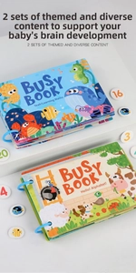 Detail of alphabet and math busy books featuring colorful animal patterns and sorting cards