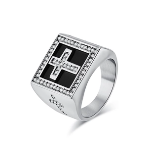 Men's hip hop silver signet ring with black surface, cross motif and pavé set crystals