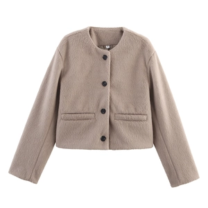 Short minimalist apricot wool blend jacket for women with dark buttons and front pockets