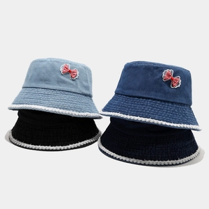 Denim bucket hats with sweet ribbon and lace trim in four colors for women's summer style