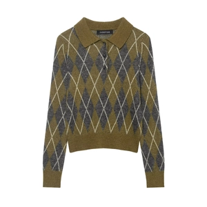 Argyle Pattern Long Sleeve Polo Knit Sweater Retro Vintage V Neck Button Pullover Top Women