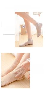 Close-up of sheer lace crew socks featuring delicate floral embroidery and mesh texture