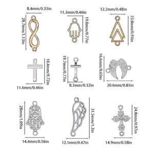 10pcs vintage cross and angel wing alloy charms with detailed size measurements for DIY
