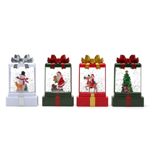 Water-filled glowing Christmas gift box night lights with snow globe effect and figurines